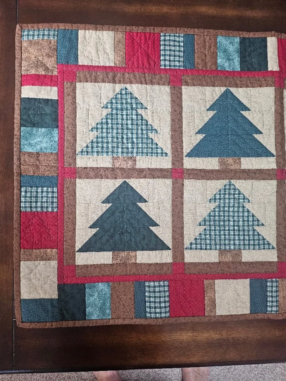 Vintage Handmade Holiday Rustic Evergreen Tree Patchwork Block Table/Wall Quilt